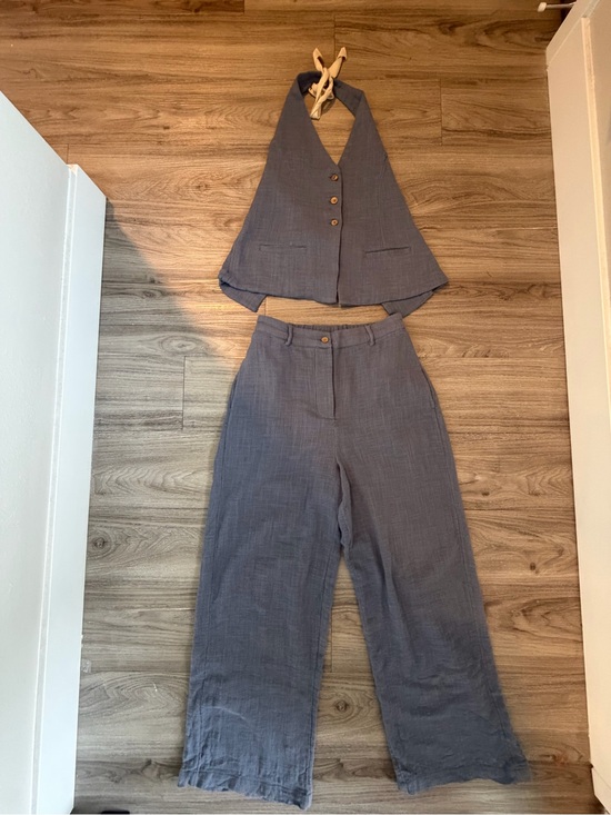 Free People Pants - Free People Light Blue/Gray Halter Vest & Wide-Leg Linen-Blend Set